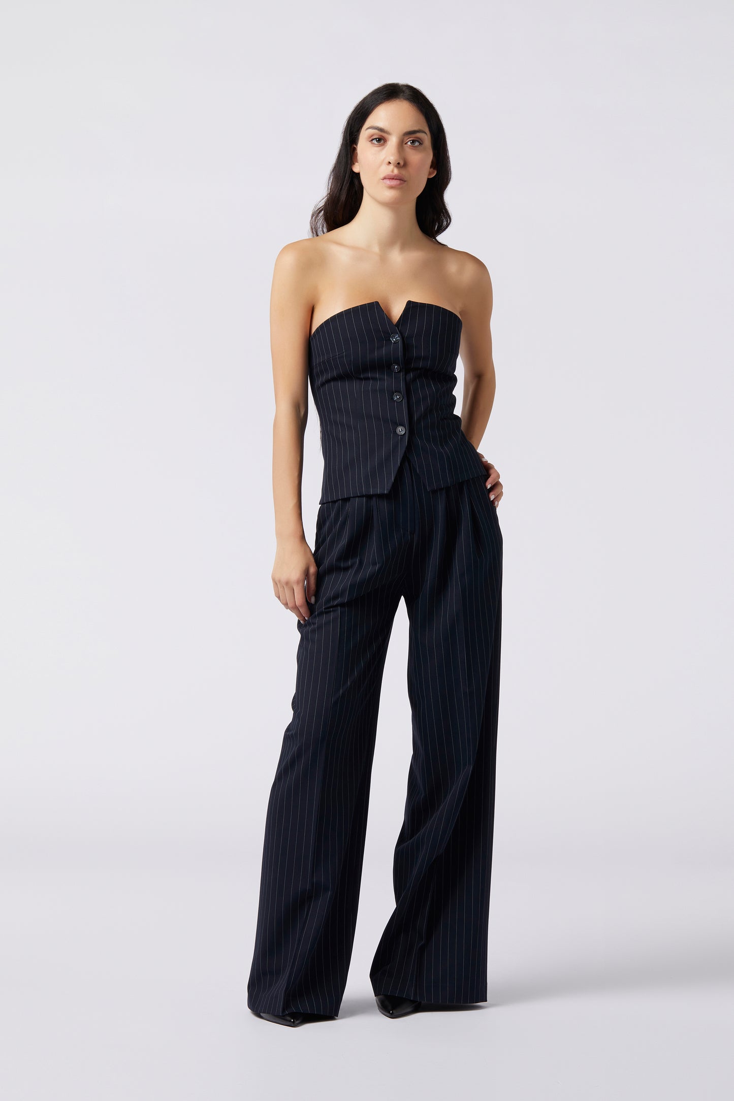 Tailleur trois pièces - Giacca doppiopetto, Pantalone Palazzo e Top bustier Gessato Frescolana