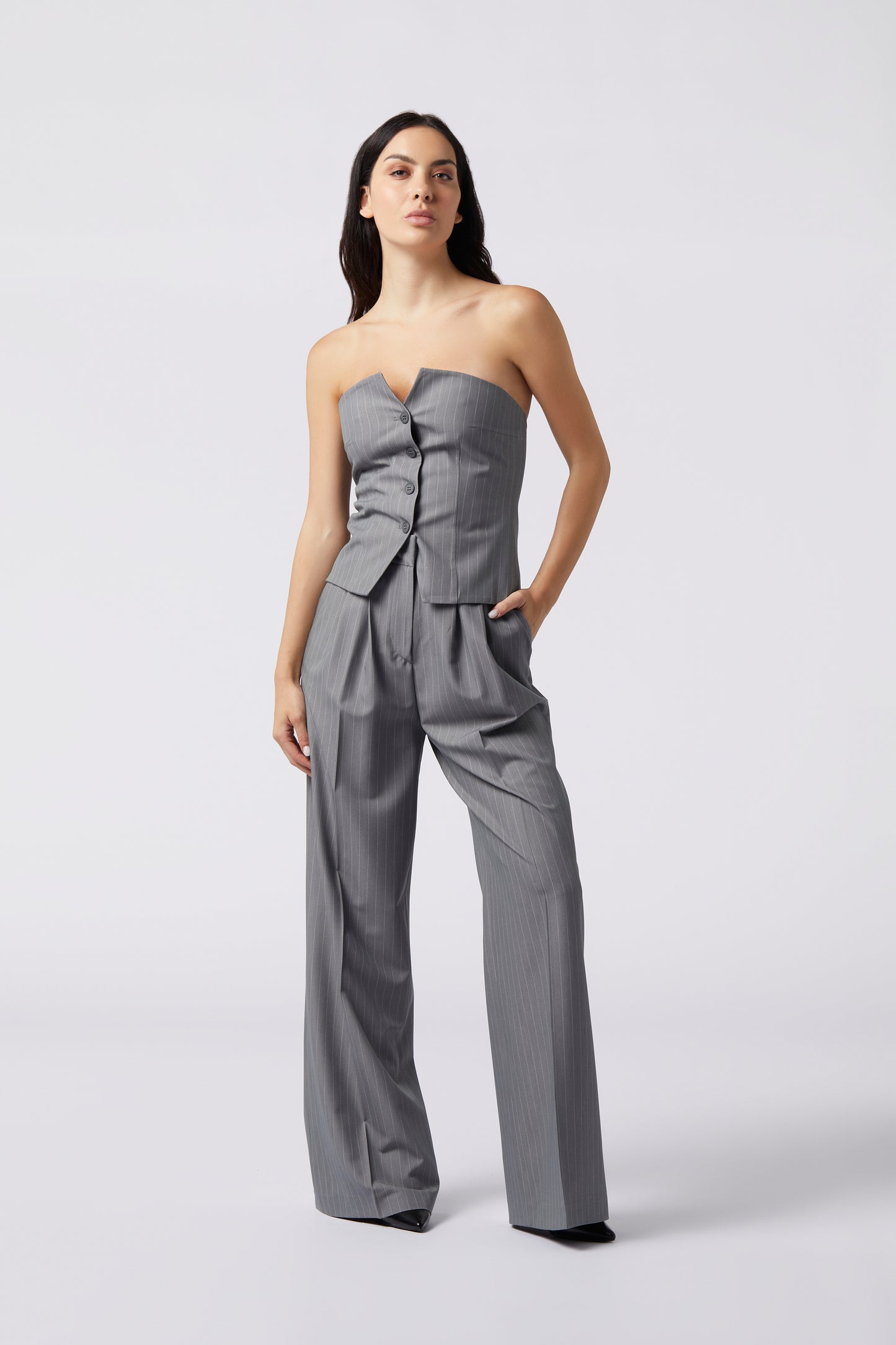 Tailleur trois pièces - Giacca doppiopetto, Pantalone Palazzo e Top bustier Gessato Frescolana