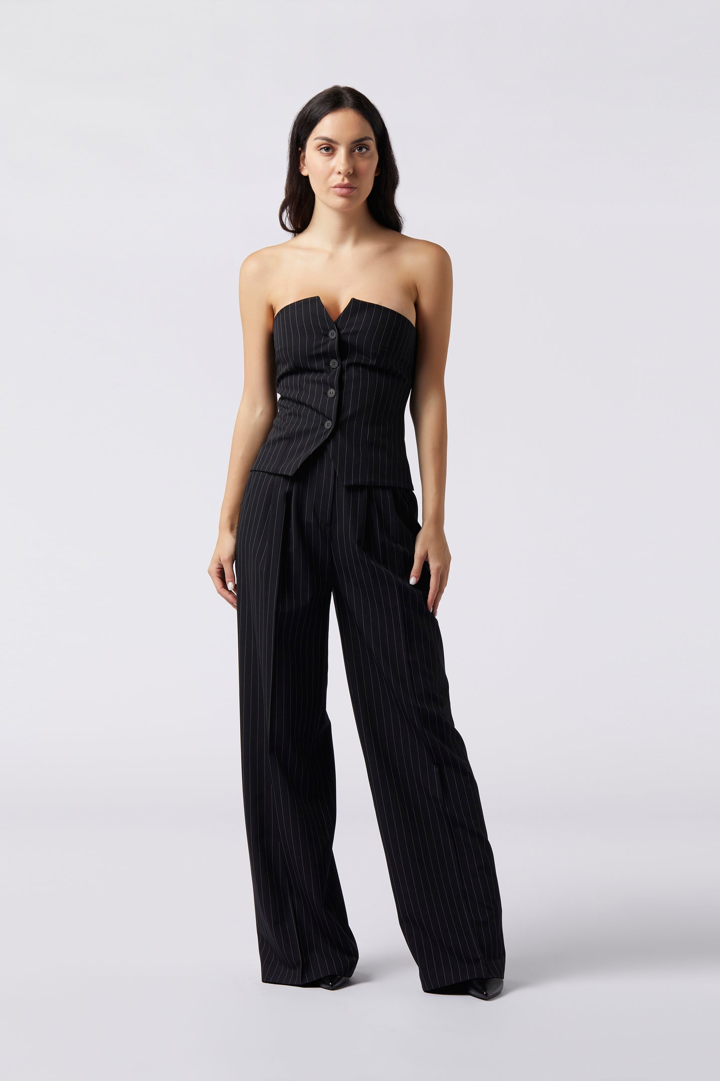 Tailleur trois pièces - Giacca doppiopetto, Pantalone Palazzo e Top bustier Gessato Frescolana