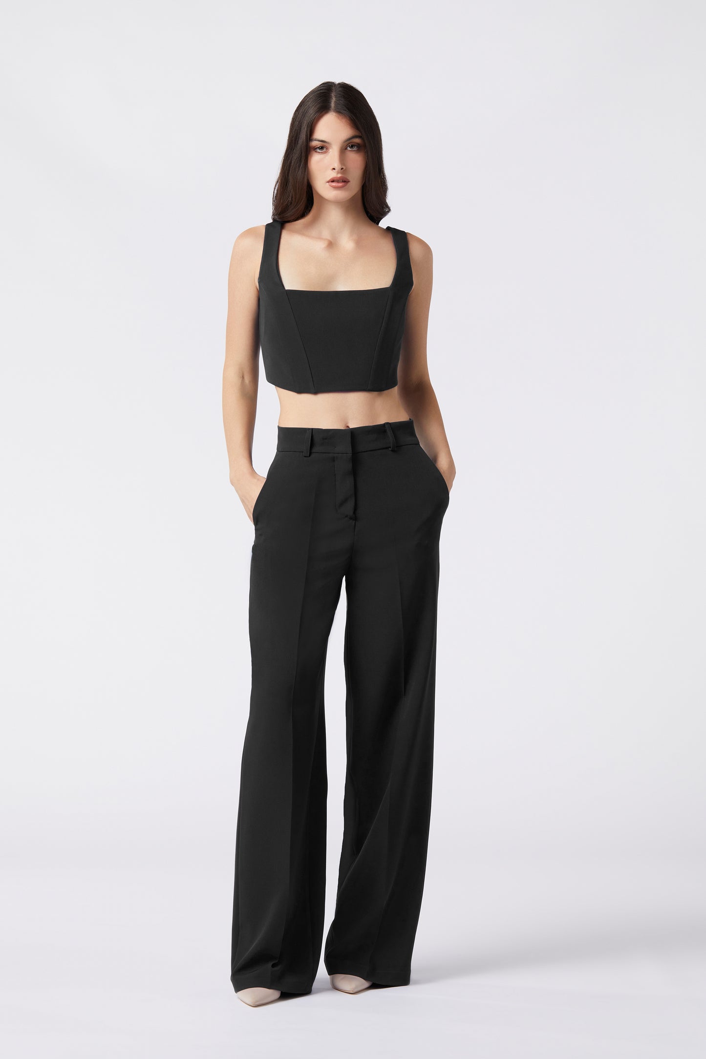 Tailleur trois pièces - Giacca rever raso, Pantalone palazzo e Top bustier